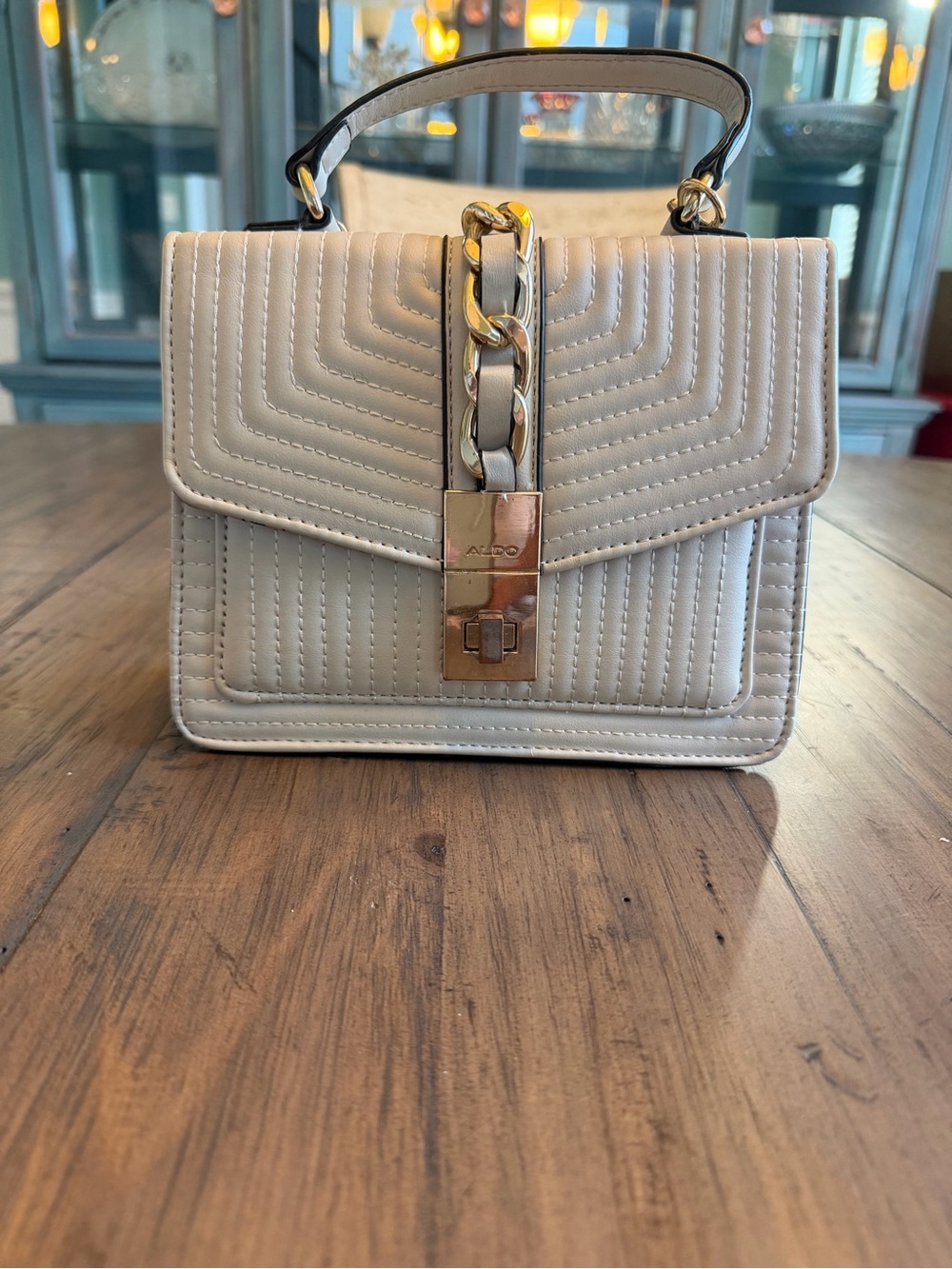 ALDO Cream Quilted Top-Handle Satchel with Gold Chain Accent